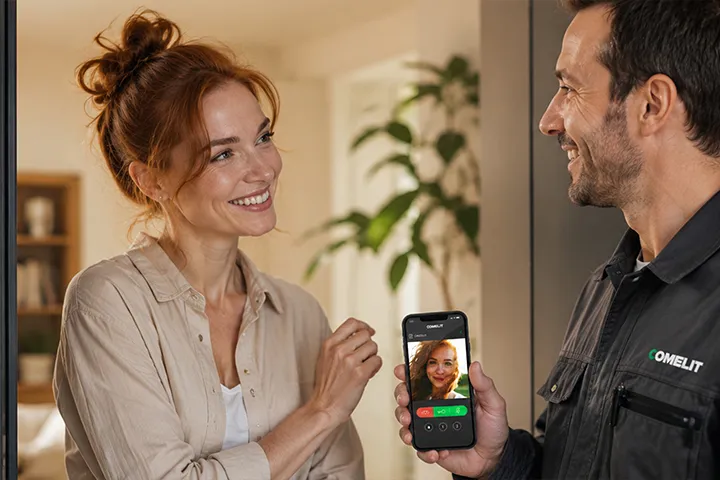 Tecnico Comelit assiste una cliente nella configurazione del videocitofono smart da smartphone