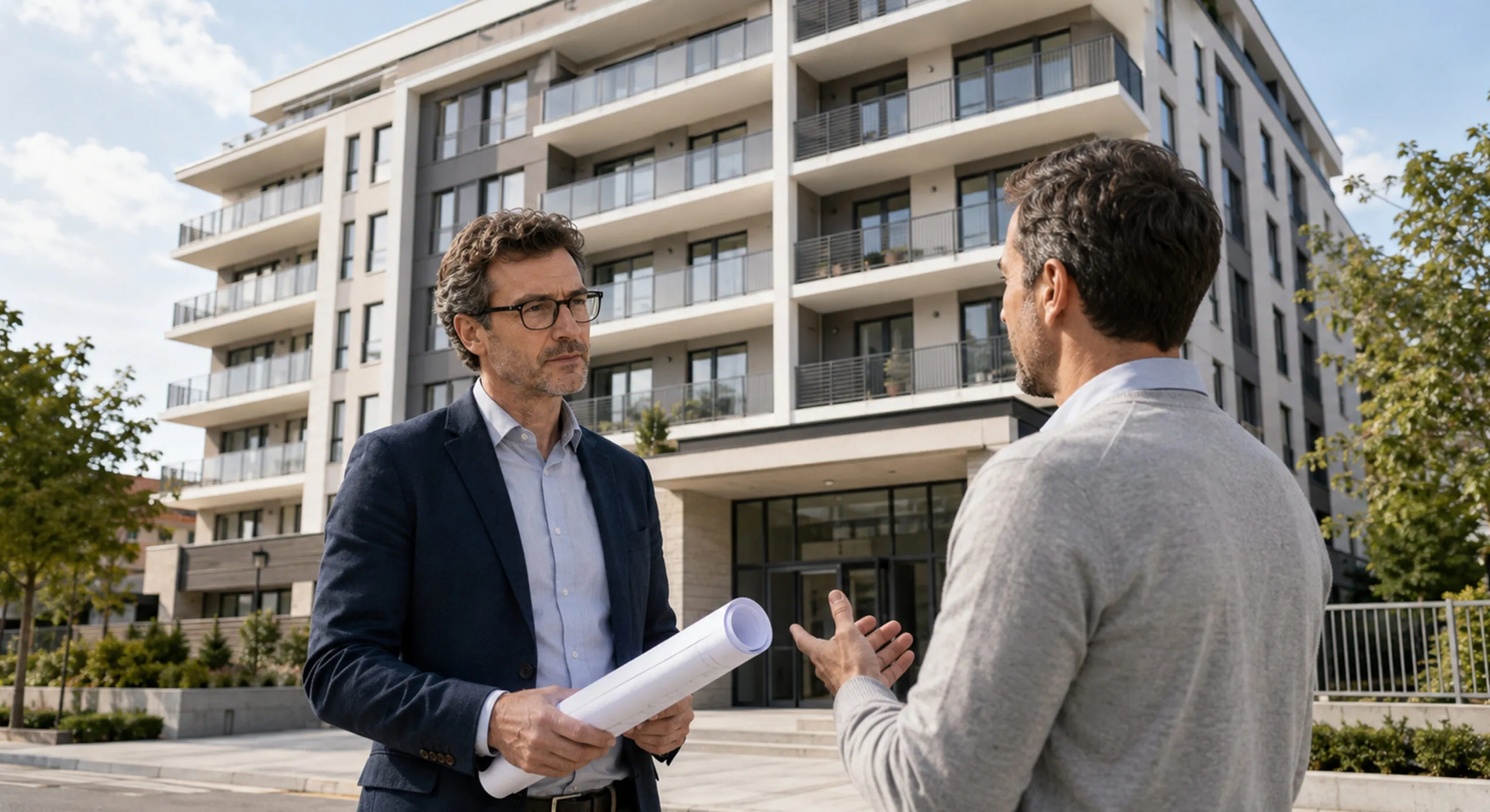 Progettista discute con il cliente la valutazione antincendio di un edificio condominiale