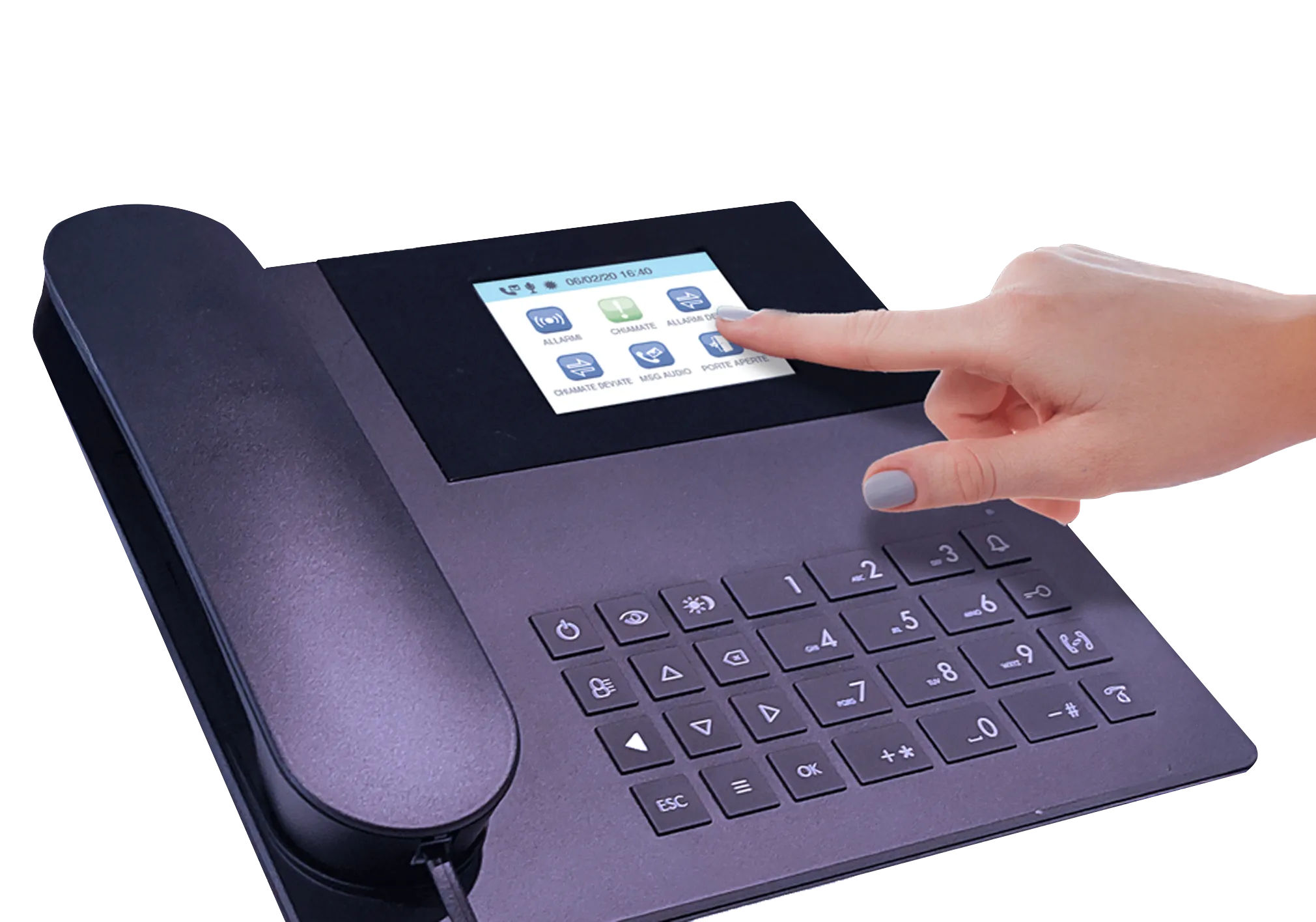 Centralino di portineria Comelit con display touch e tastiera fisica per controllo accessi e comunicazioni nel complesso residenziale