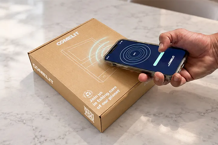 Smartphone con app myComelit avvicinato alla confezione per la configurazione NFC del videocitofono Comelit