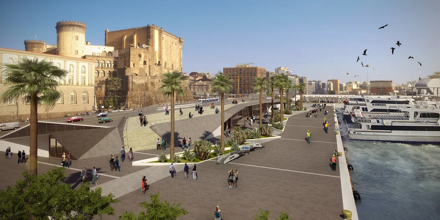 Vista esterna del Molo Beverello a Napoli con nuova stazione marittima e sistemi di sicurezza integrata Comelit