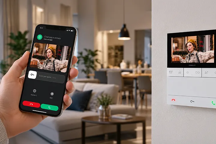 Smartphone con Comelit App che riceve una chiamata dal videocitofono People Wi-Fi installato a parete