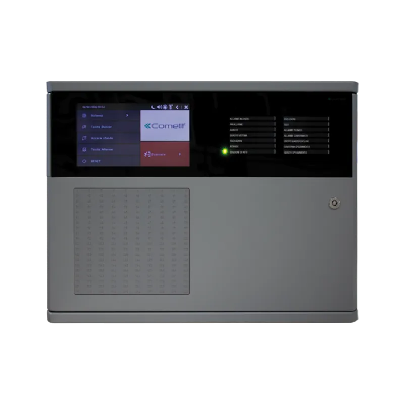 Centrale antincendio Comelit LogiFire 41CPE118 con display touch, gestione avanzata dei dispositivi e monitoraggio da remoto via Cloud.