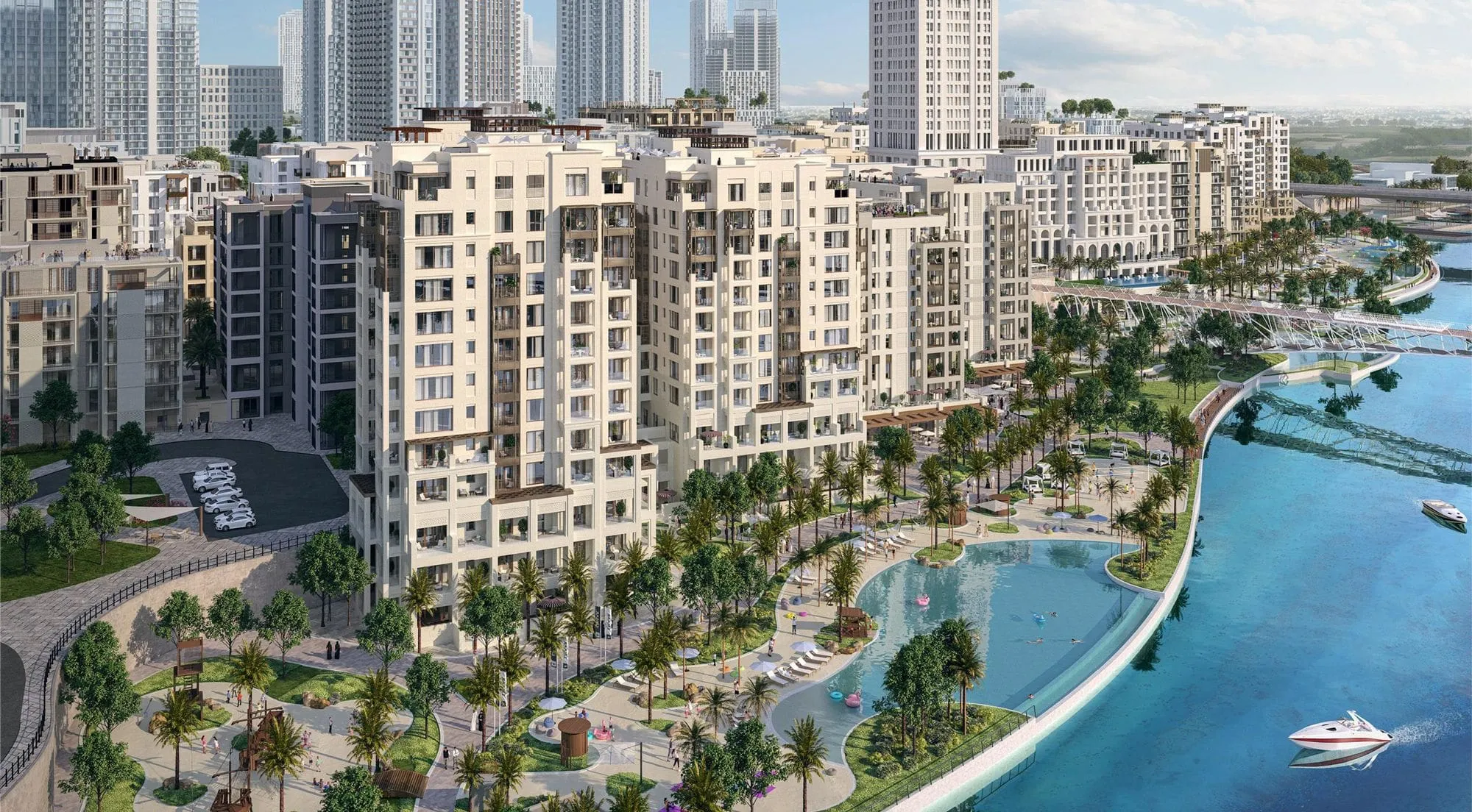 Edifici residenziali sul lungomare di Dubai Creek Harbour con citofoni Mini Comelit a tecnologia IP e 2 Fili.