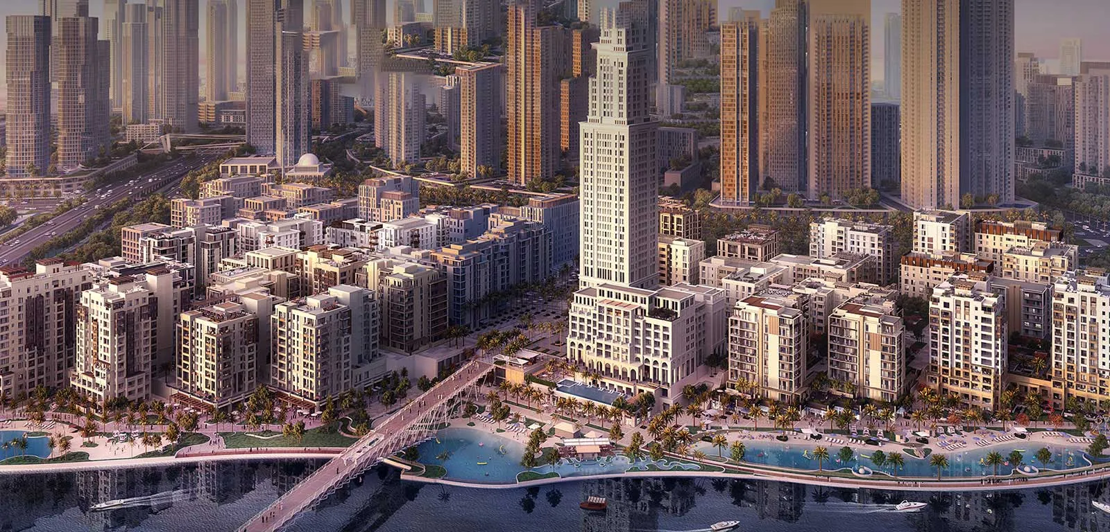 Vista panoramica del distretto residenziale Dubai Creek Harbour con impianto citofonico Comelit installato in 2.986 appartamenti.