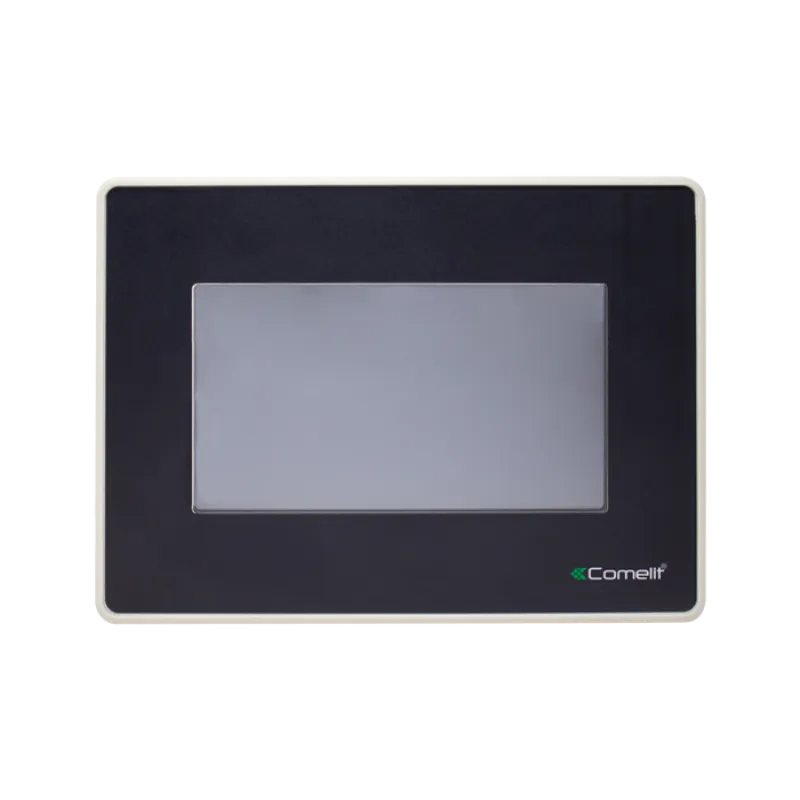 Pannello ripetitore touch screen Comelit LogiFire 41CPR100 per impianti antincendio, con interfaccia identica alla centrale per un controllo intuitivo.