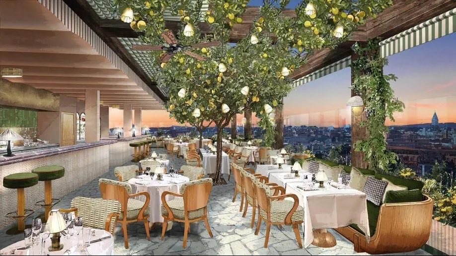 Ristorante con impianto di videosorveglianza integrato presso il Soho Hotel di Roma, parte del sistema di sicurezza Comelit