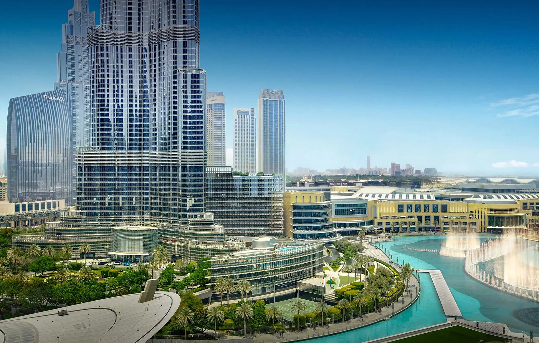 Vista panoramica su The Residence, Burj Khalifa, Dubai Mall e la fontana