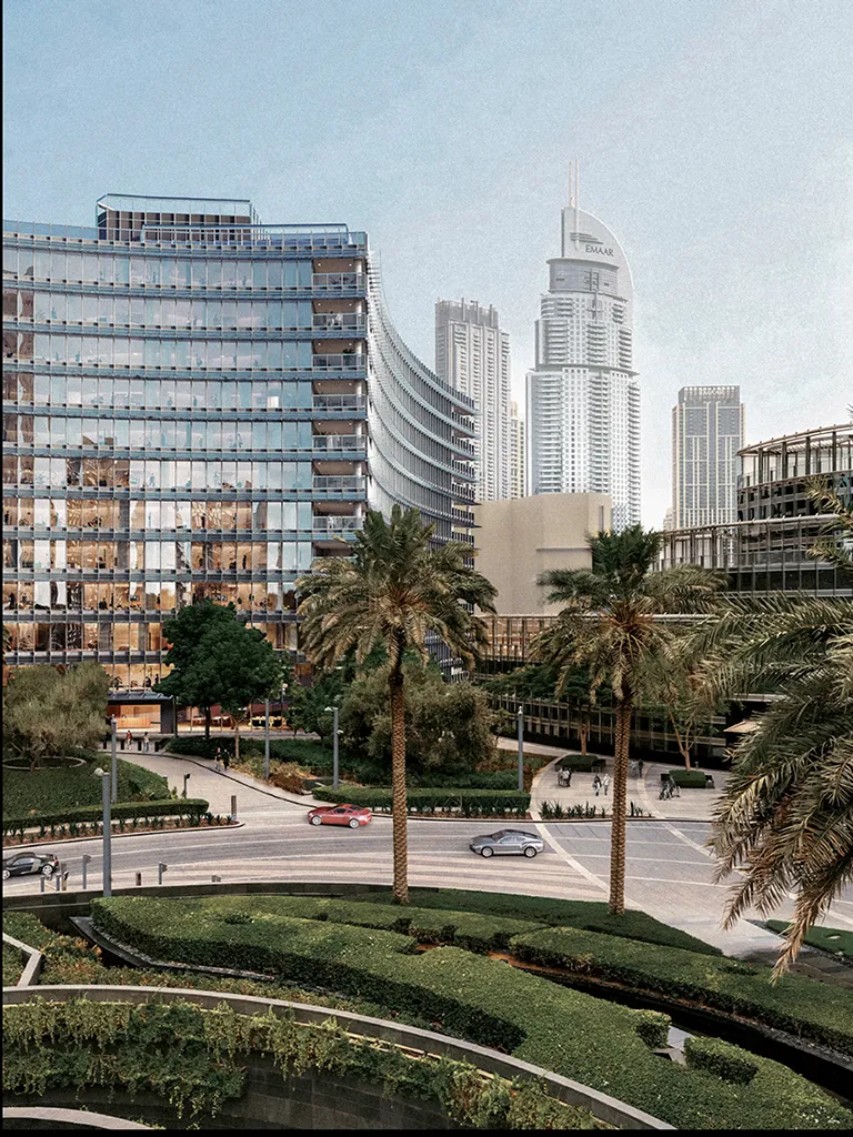Vista esterna di The Residence Burj Khalifa con palme e skyline di Dubai