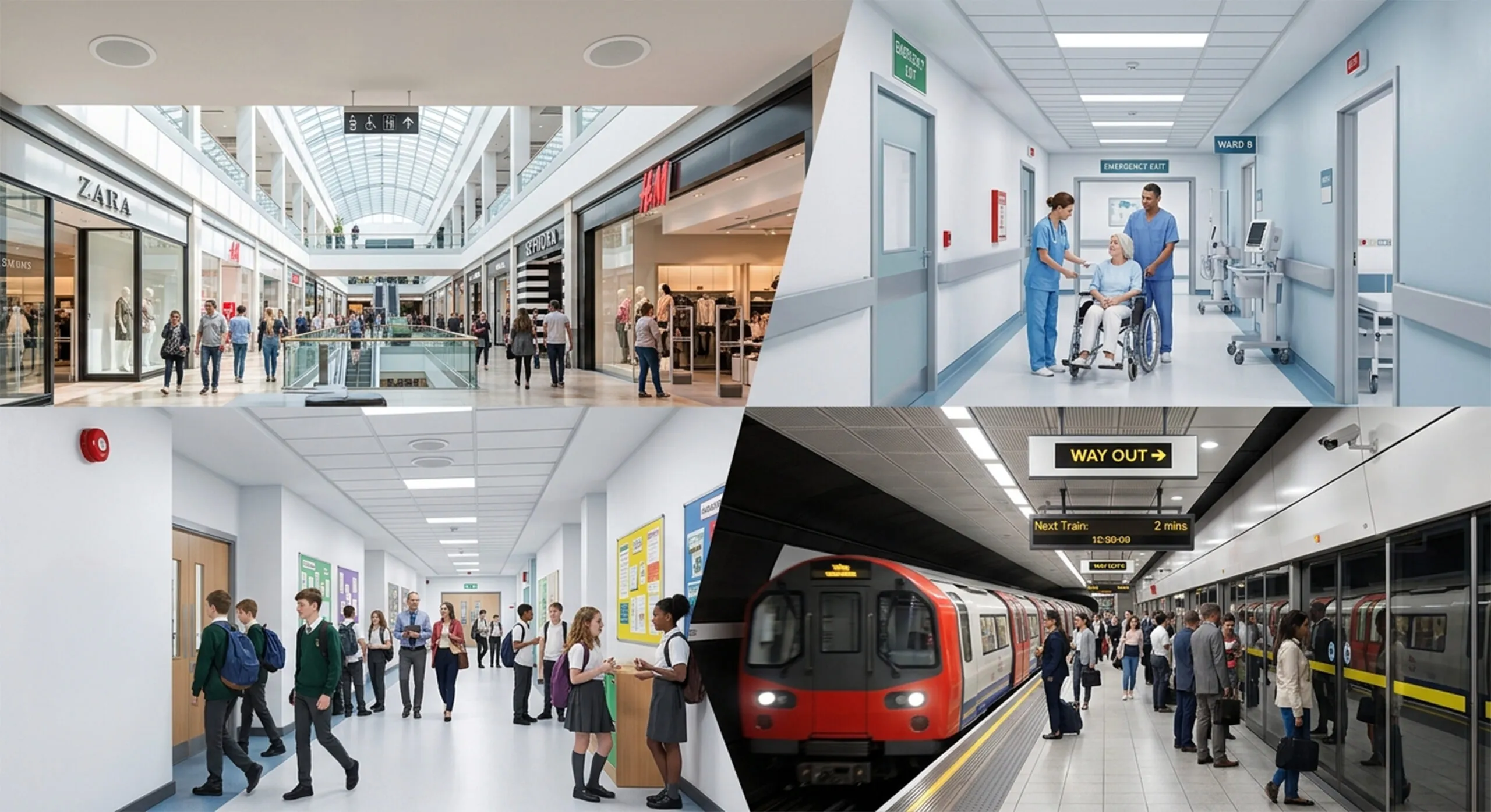 Collage di ambienti soggetti all'obbligo di impianto EVAC: centro commerciale, corridoio ospedaliero, scuola e stazione metropolitana