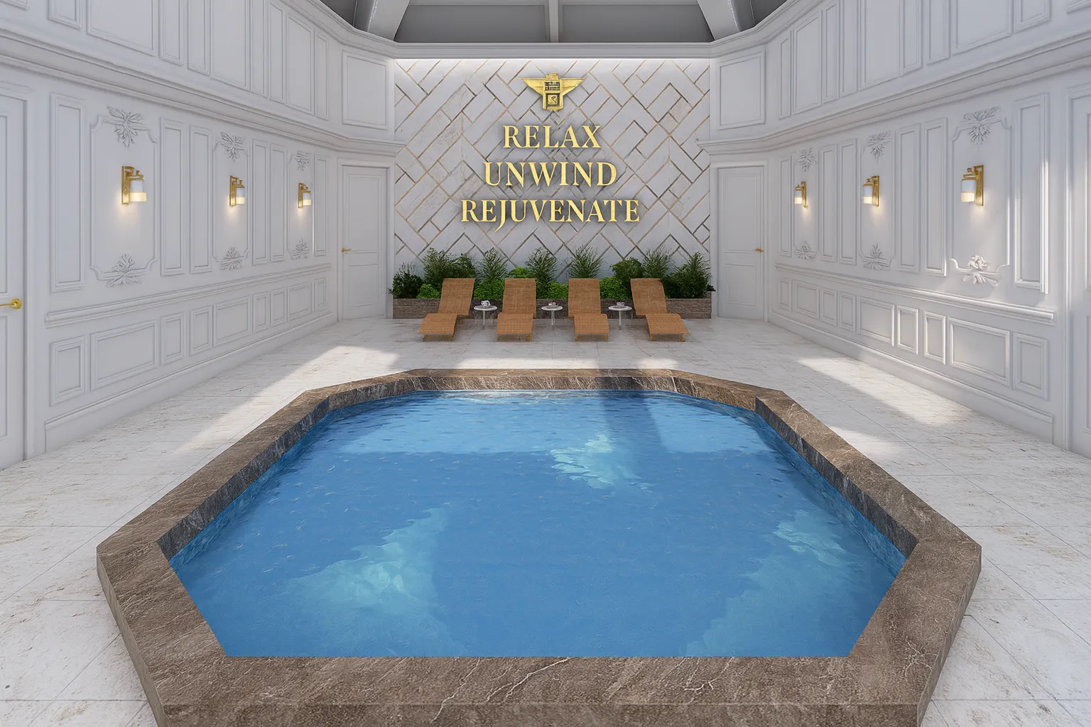 Zona wellness interna con jacuzzi e pareti bianche decorate nel resort Vincitore Benessere a Dubai, protetta da LogiFire.