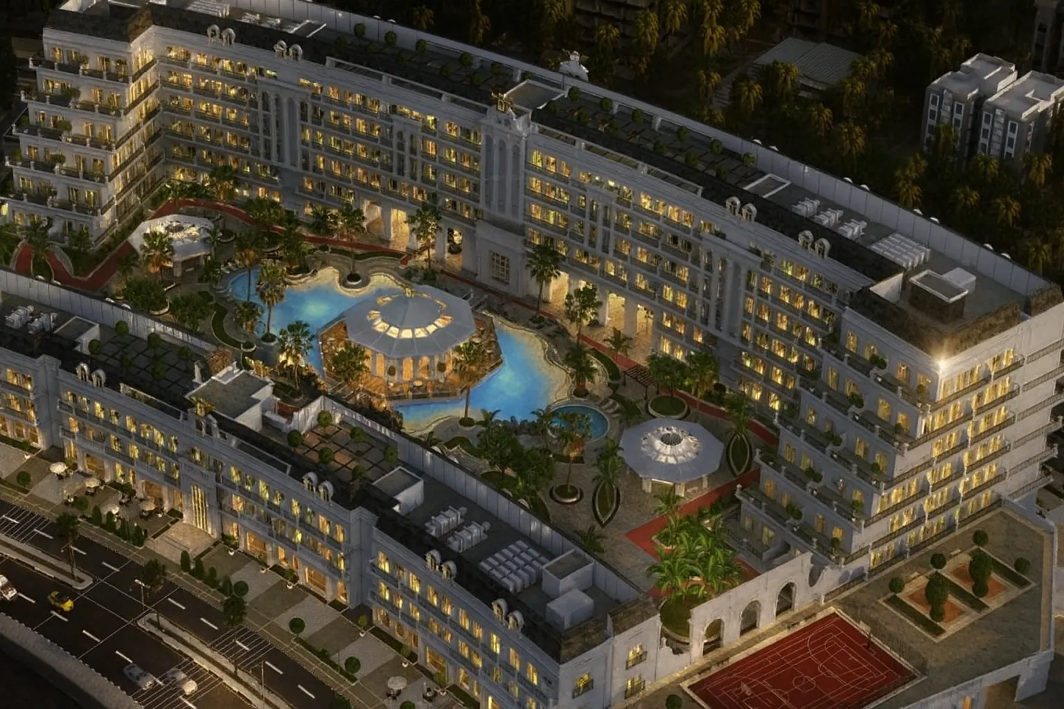 Vista notturna del complesso Vincitore Benessere a Dubai con illuminazione architettonica e spazi protetti da sistema antincendio LogiFire.