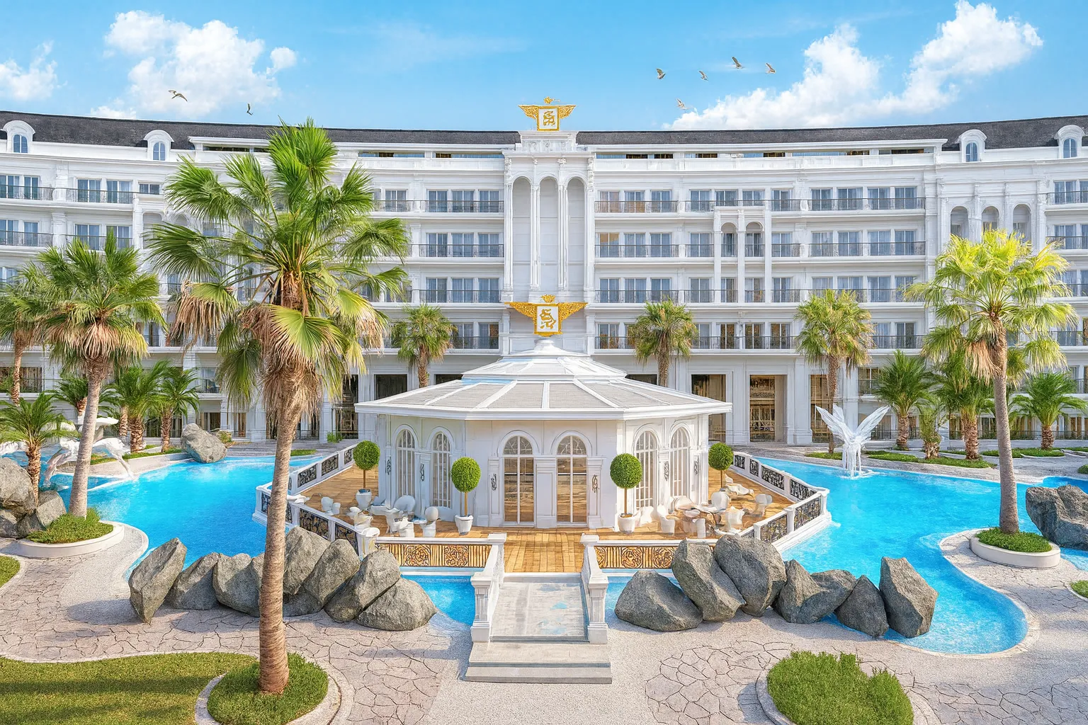 Facciata principale del complesso Vincitore Benessere a Dubai, ispirata all’architettura greco-romana con vista sulla piscina resort.