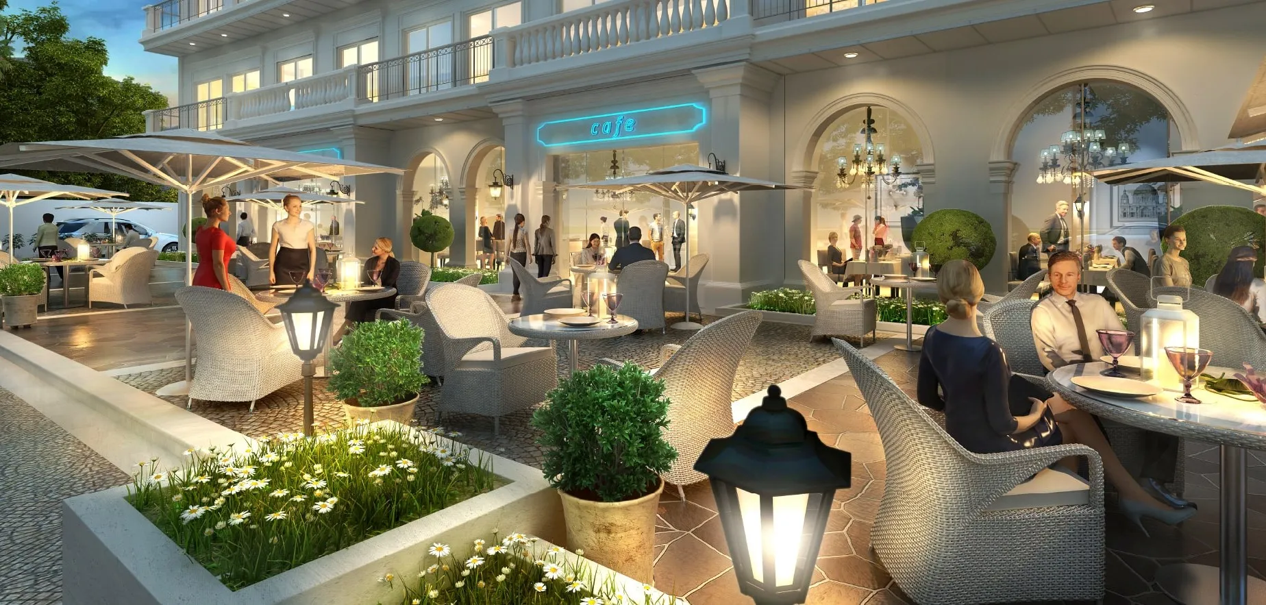 Zona ristorante e café all’aperto nel complesso Vincitore Benessere a Dubai, con clientela in un ambiente raffinato.
