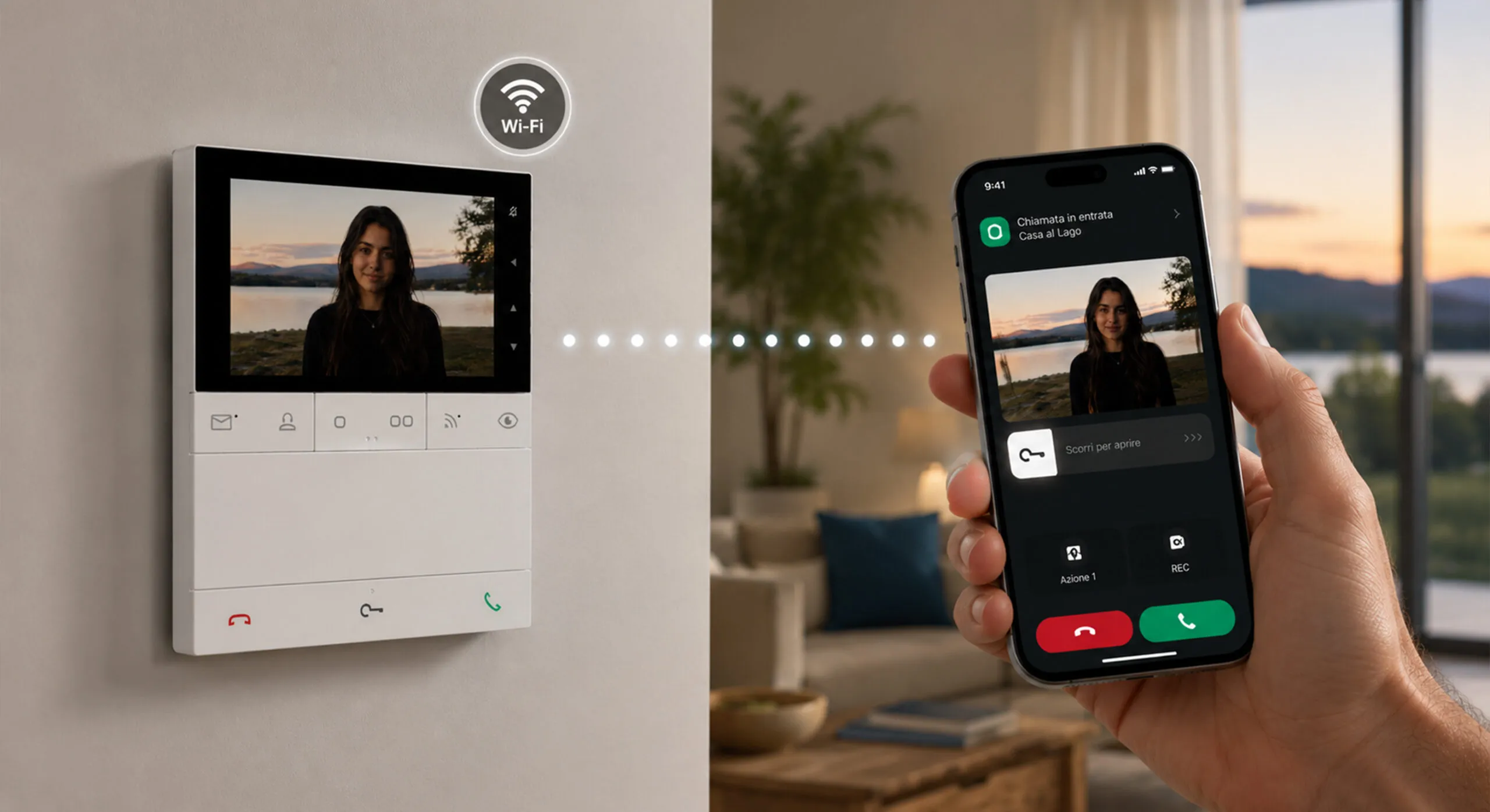 Monitor videocitofono Comelit con connessione Wi-Fi collegato allo smartphone che riceve la chiamata 