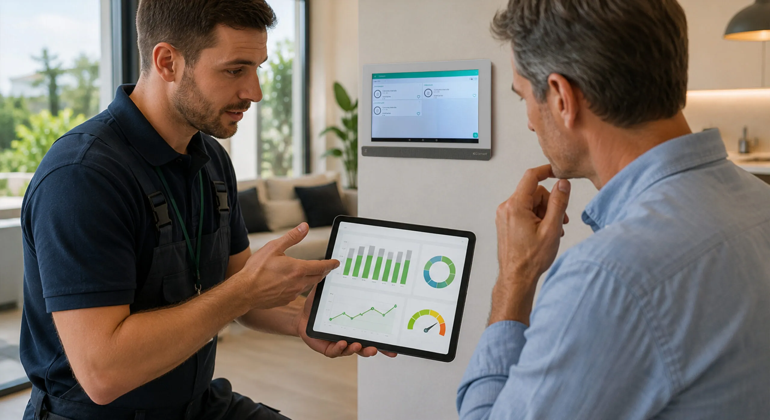 Installatore mostra a un cliente i grafici di monitoraggio consumi su tablet, con monitor domotico Comelit a parete