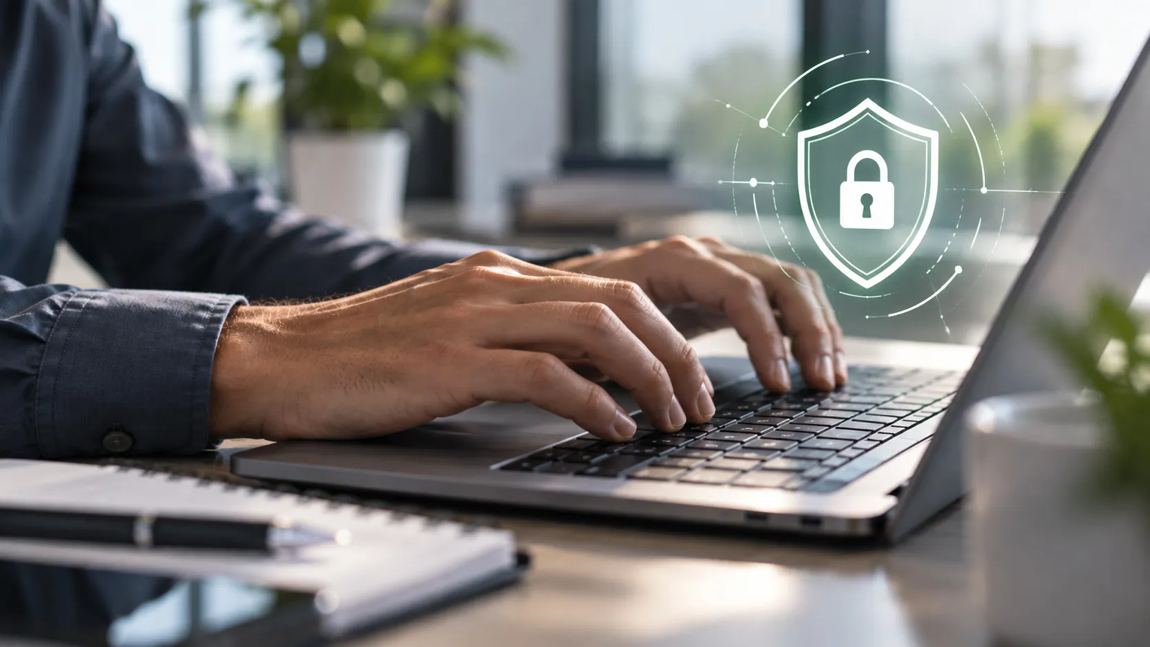 Professionista al laptop con icona lucchetto che rappresenta la protezione dei dati