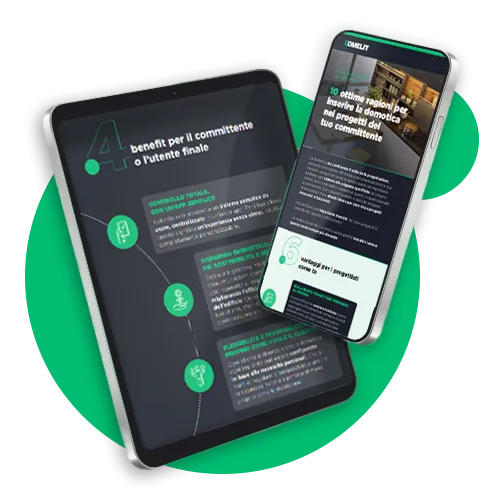 Mockup: Infografica domotica con benefit per il cliente e vantaggi per il progettista.