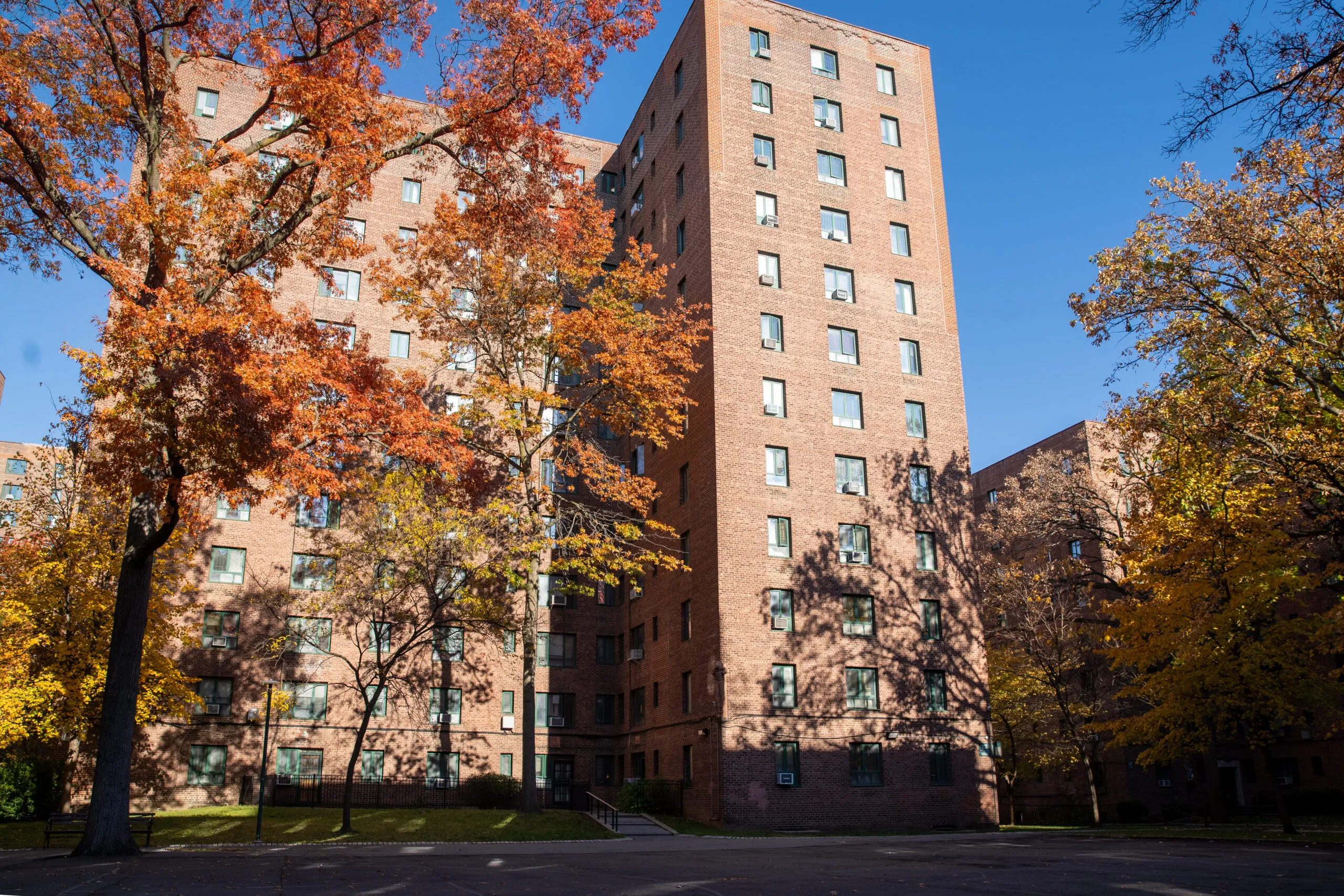 Edifici residenziali di Parkchester immersi nel verde autunnale, con impianto di videocitofonia IP Comelit.