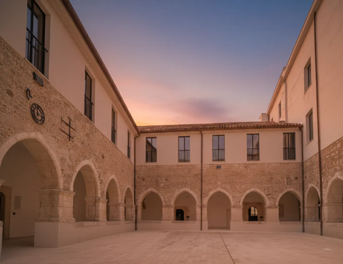Chiostro restaurato dell’ex Ospedale Militare di Catanzaro, parte della nuova Procura, illuminato dal tramonto