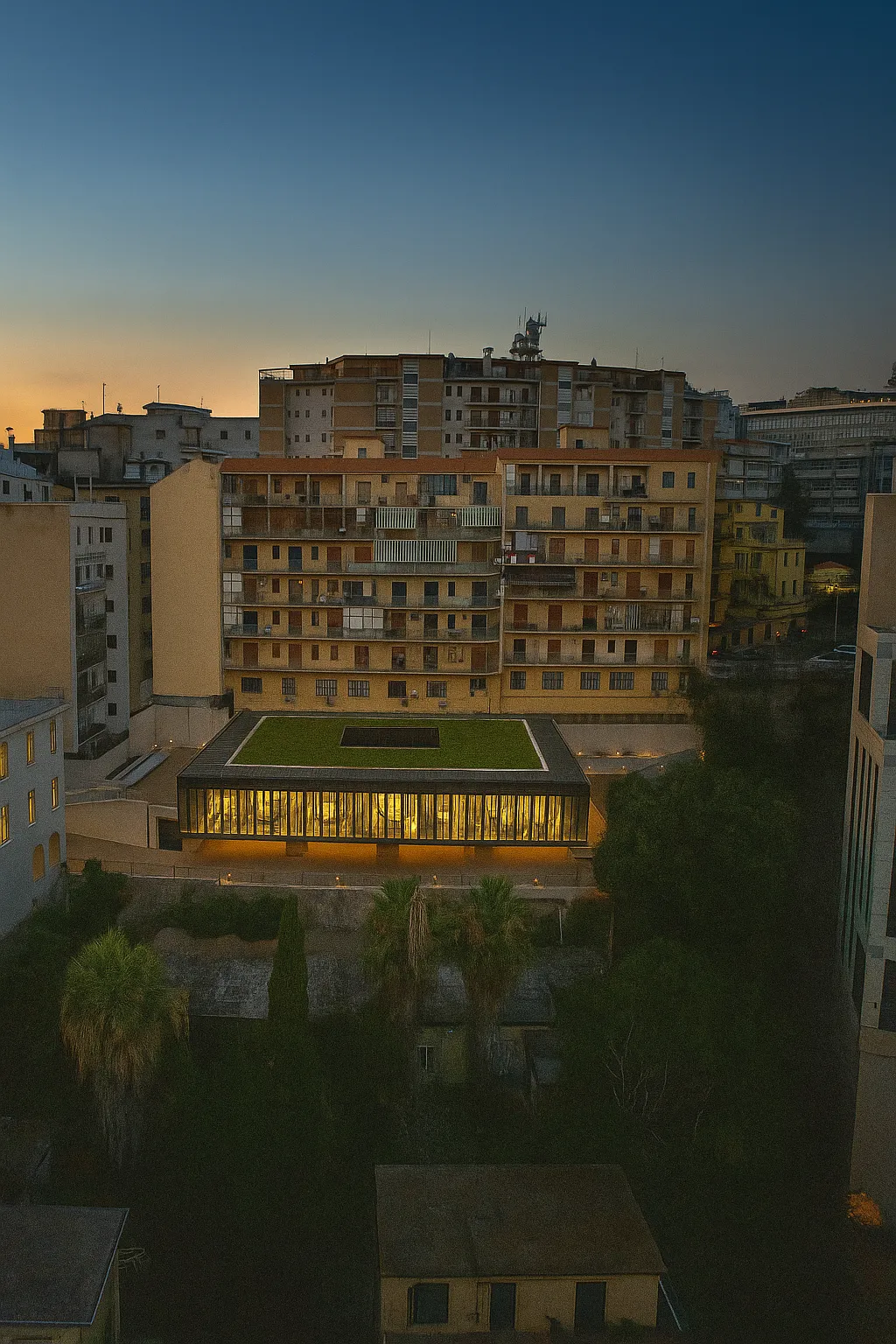 Vista aerea serale del volume interrato illuminato nella nuova sede della Procura di Catanzaro, integrato nel contesto urbano