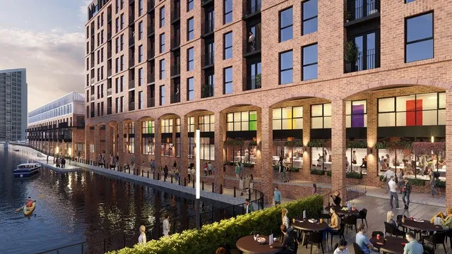 Render del complesso residenziale Aquitania a Liverpool Waters con il canale, che mostra le aree commerciali e i percorsi pedonali.