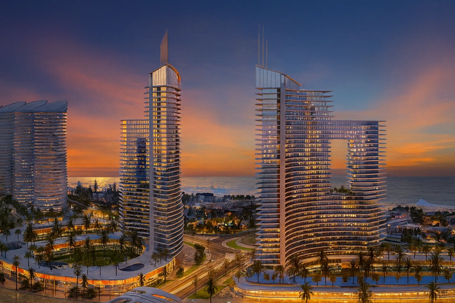 Veduta notturna spettacolare delle The Gate Towers a New El Alamein, con installazione videocitofonia Comelit.