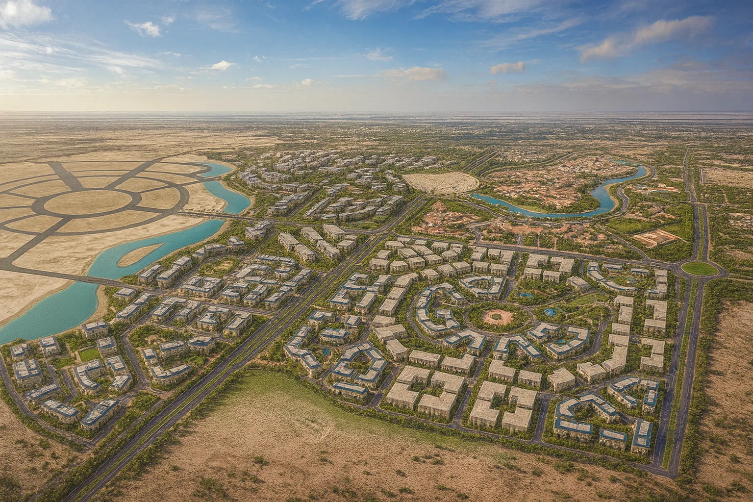 Vista aerea del Latin District, ampio progetto urbano con ampie aree verdi e sistemi Comelit.
