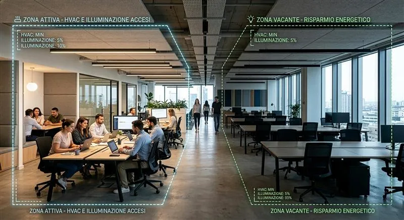 Gestione KNX per zone in ufficio: zona attiva con HVAC e illuminazione accesi, zona vacante in risparmio energetico