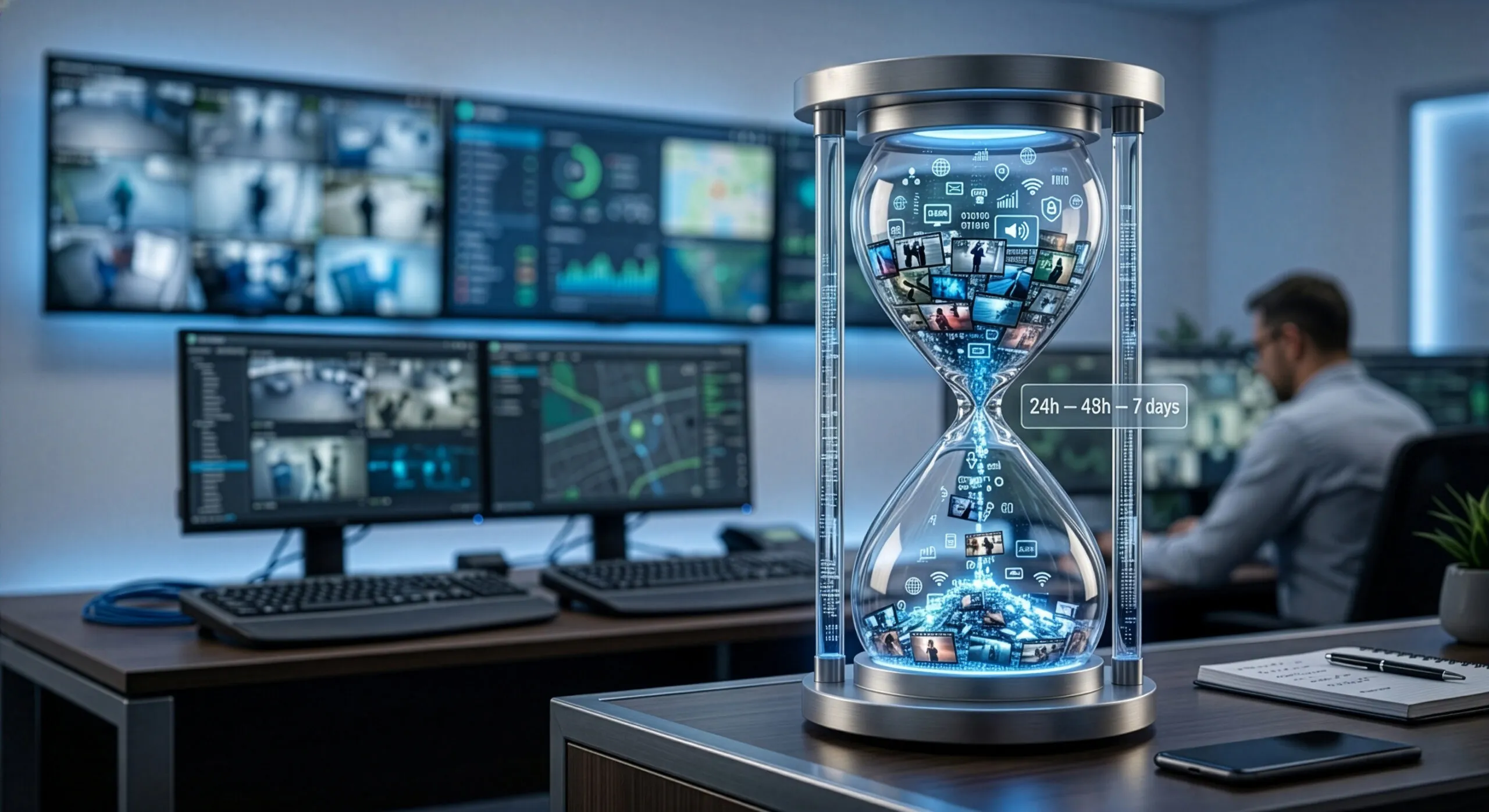 Clessidra digitale con filmati di sorveglianza che rappresenta i tempi di conservazione delle immagini previsti dal GDPR: 24h, 48h, 7 giorni