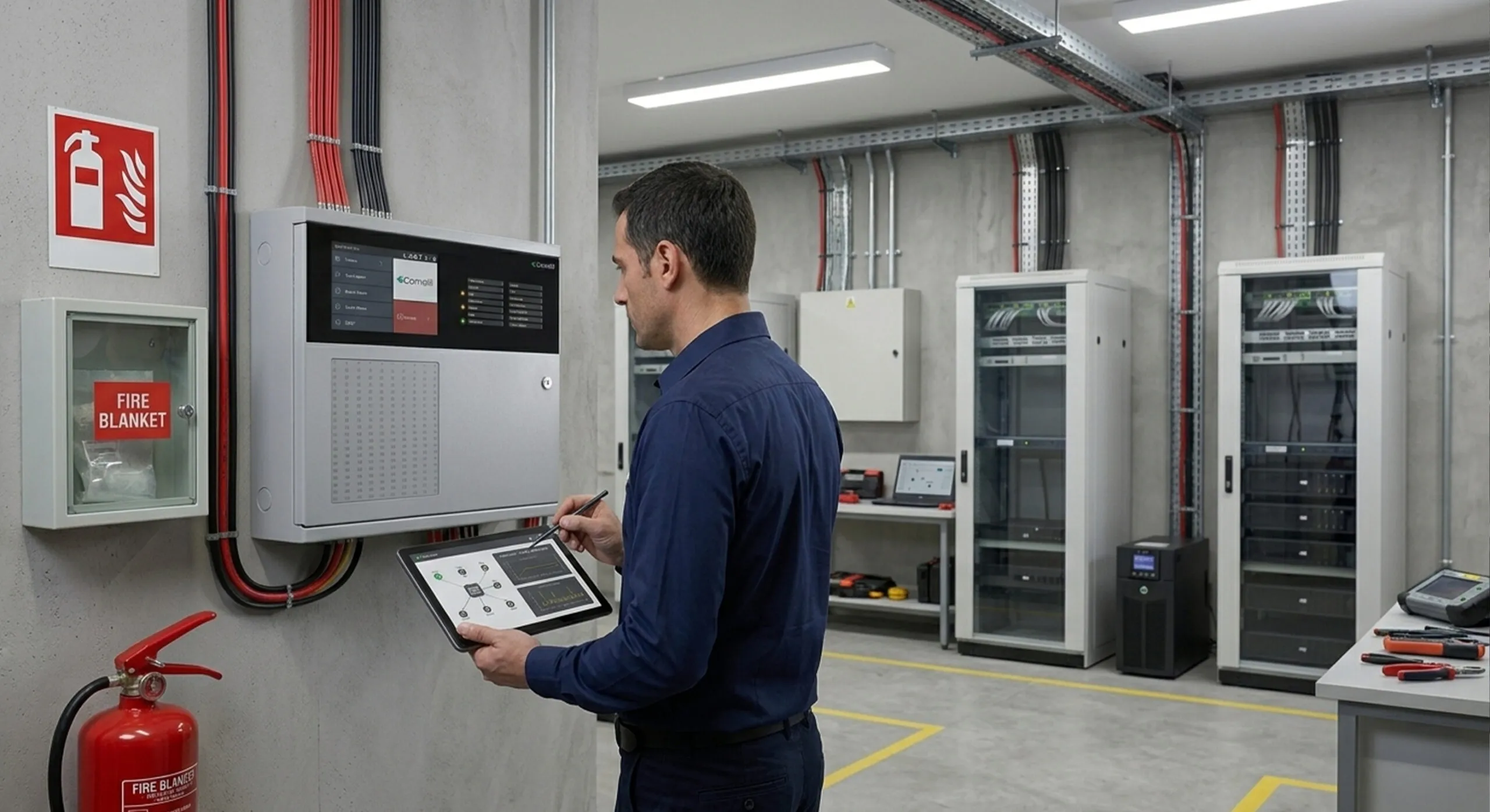 Tecnico configura una centrale antincendio Comelit su tablet in una sala tecnica con quadri elettrici