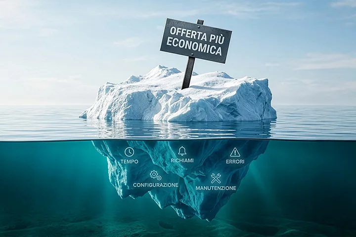 Infografica a forma di iceberg che mostra i costi nascosti dell'installazione di un videocitofono condominiale come configurazione e richiami.