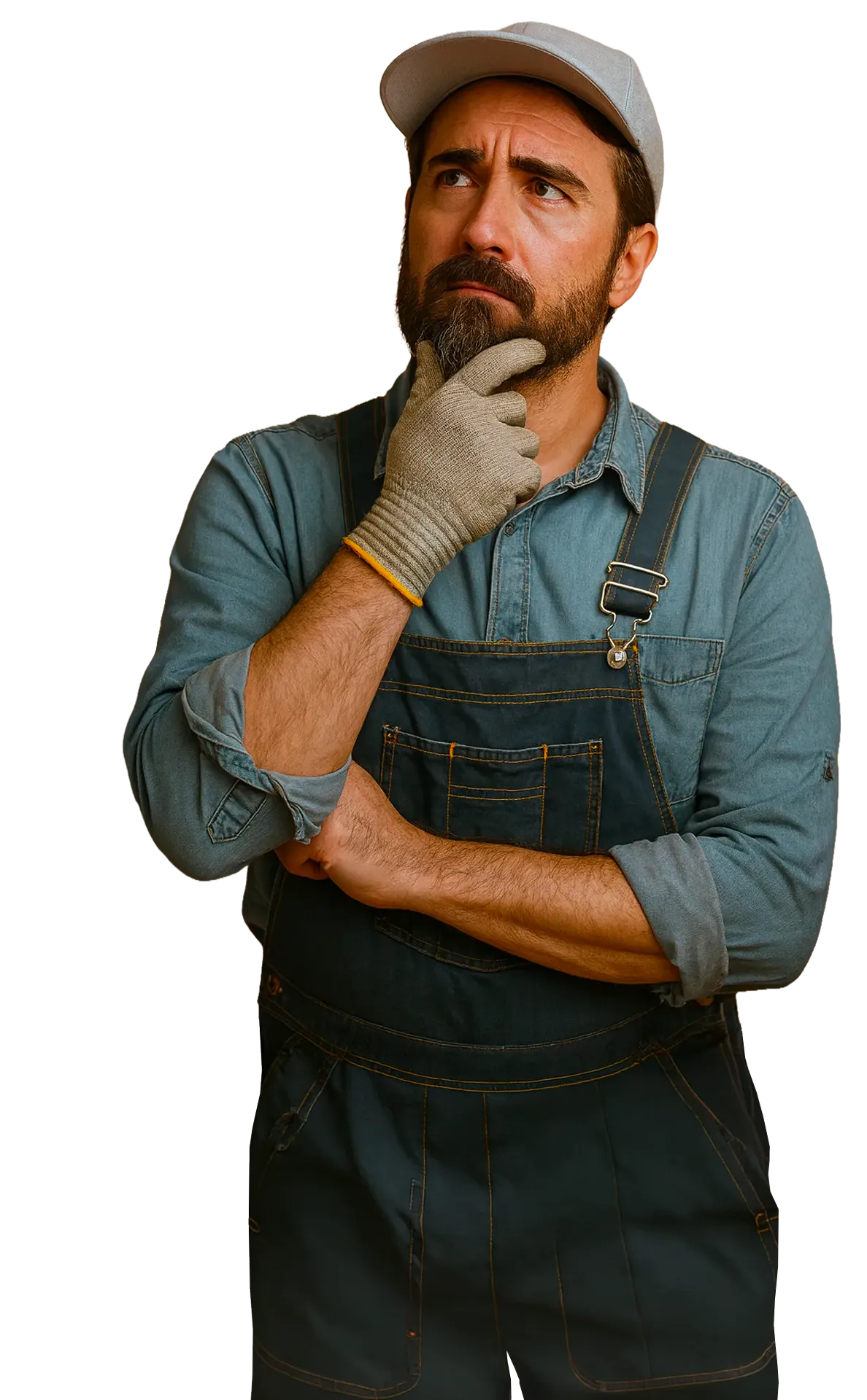 Installatore professionista con abbigliamento da lavoro in posa pensierosa