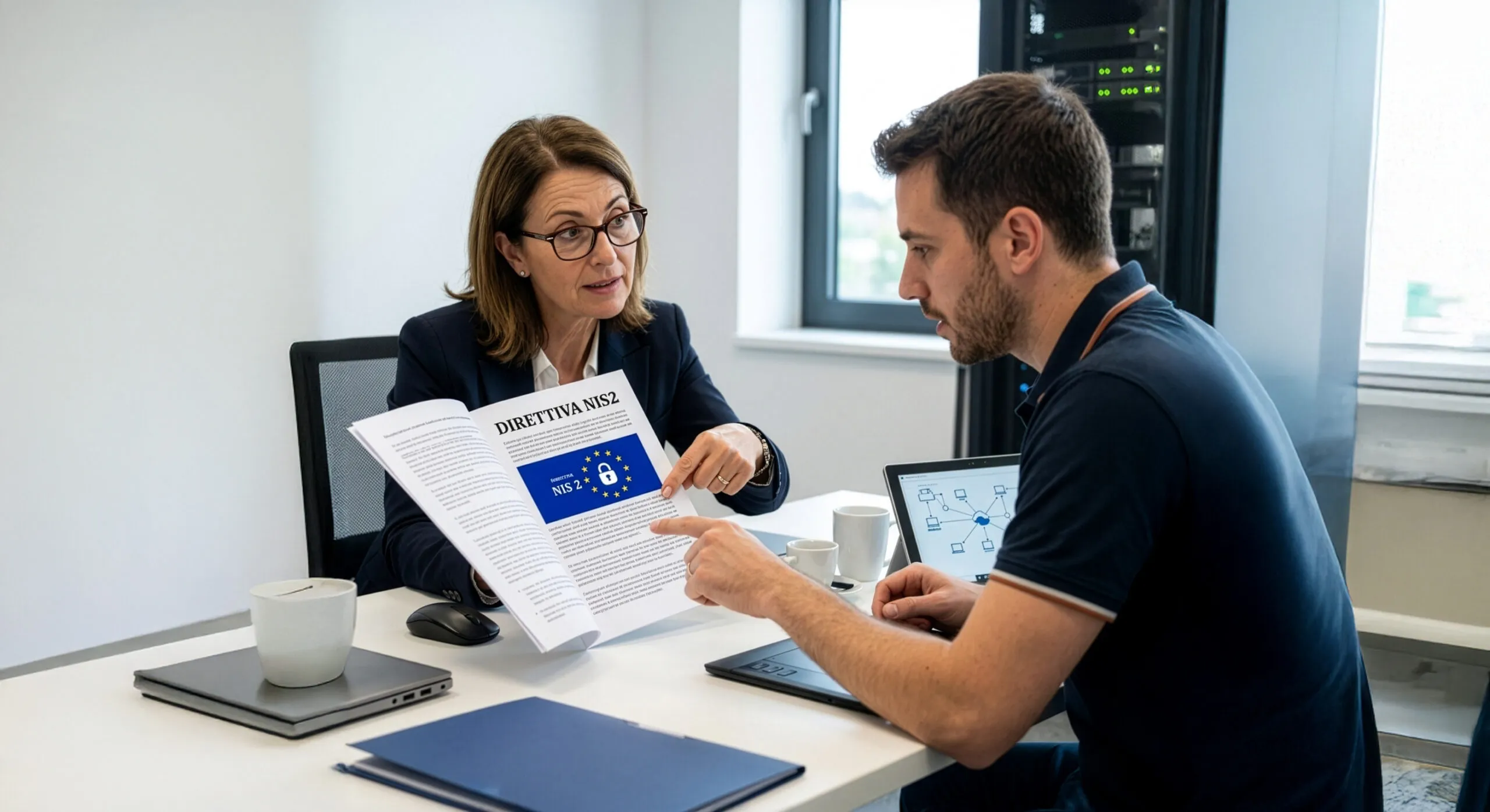 Installatore e responsabile sicurezza esaminano la documentazione sulla direttiva NIS2
