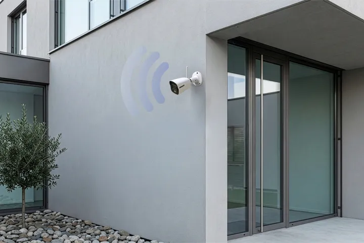 Telecamera bullet Wi-Fi installata su muro esterno di edificio residenziale