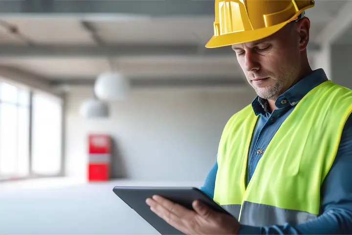 Progettista con caschetto giallo e tablet verifica un impianto antincendio in un edificio in costruzione