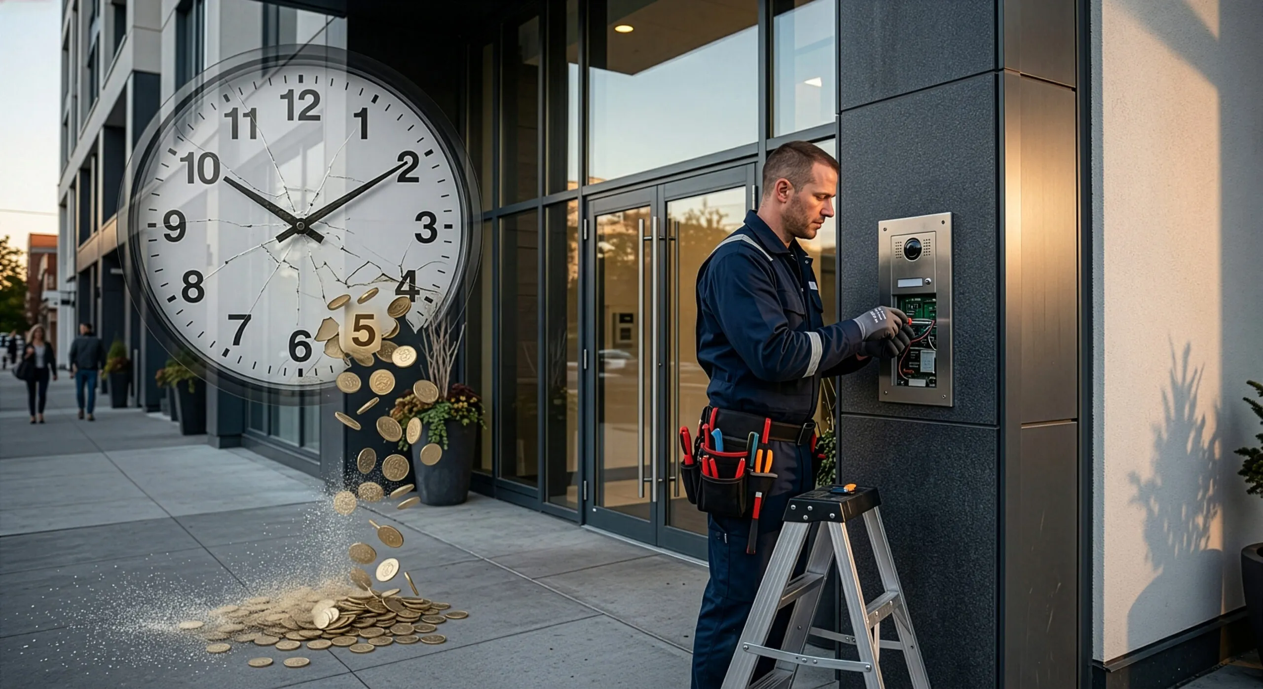 Installatore che lavora su un posto esterno mentre un orologio rotto trasforma il tempo in monete d'oro, simboleggiando il margine operativo.
