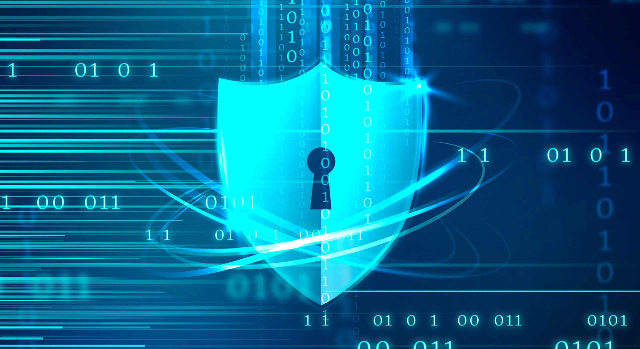 Simbolo di scudo digitale su sfondo con codice binario, sicurezza dei dati