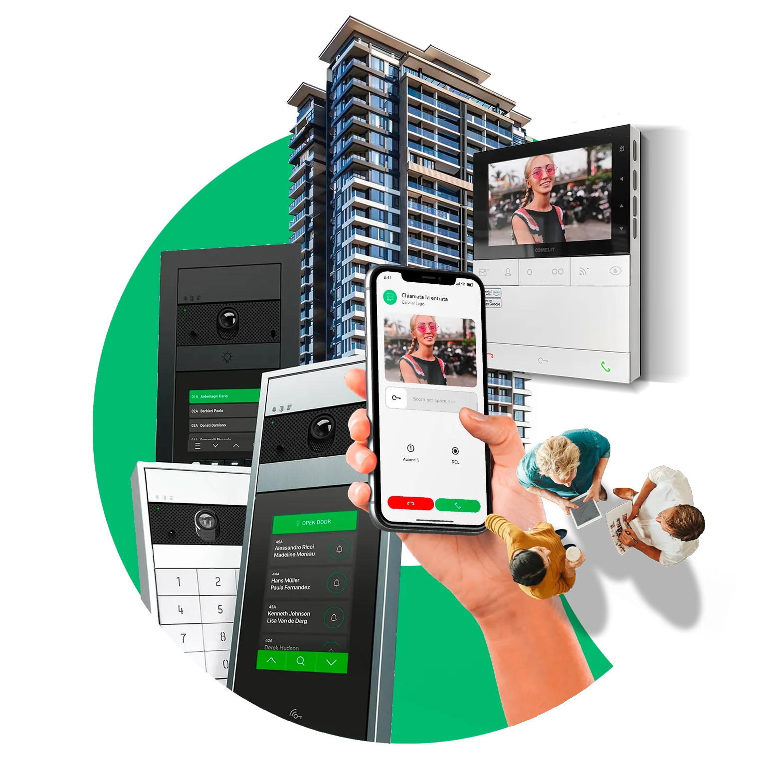 Videocitofono smart Comelit per condominio con apertura porta e gestione accessi da app