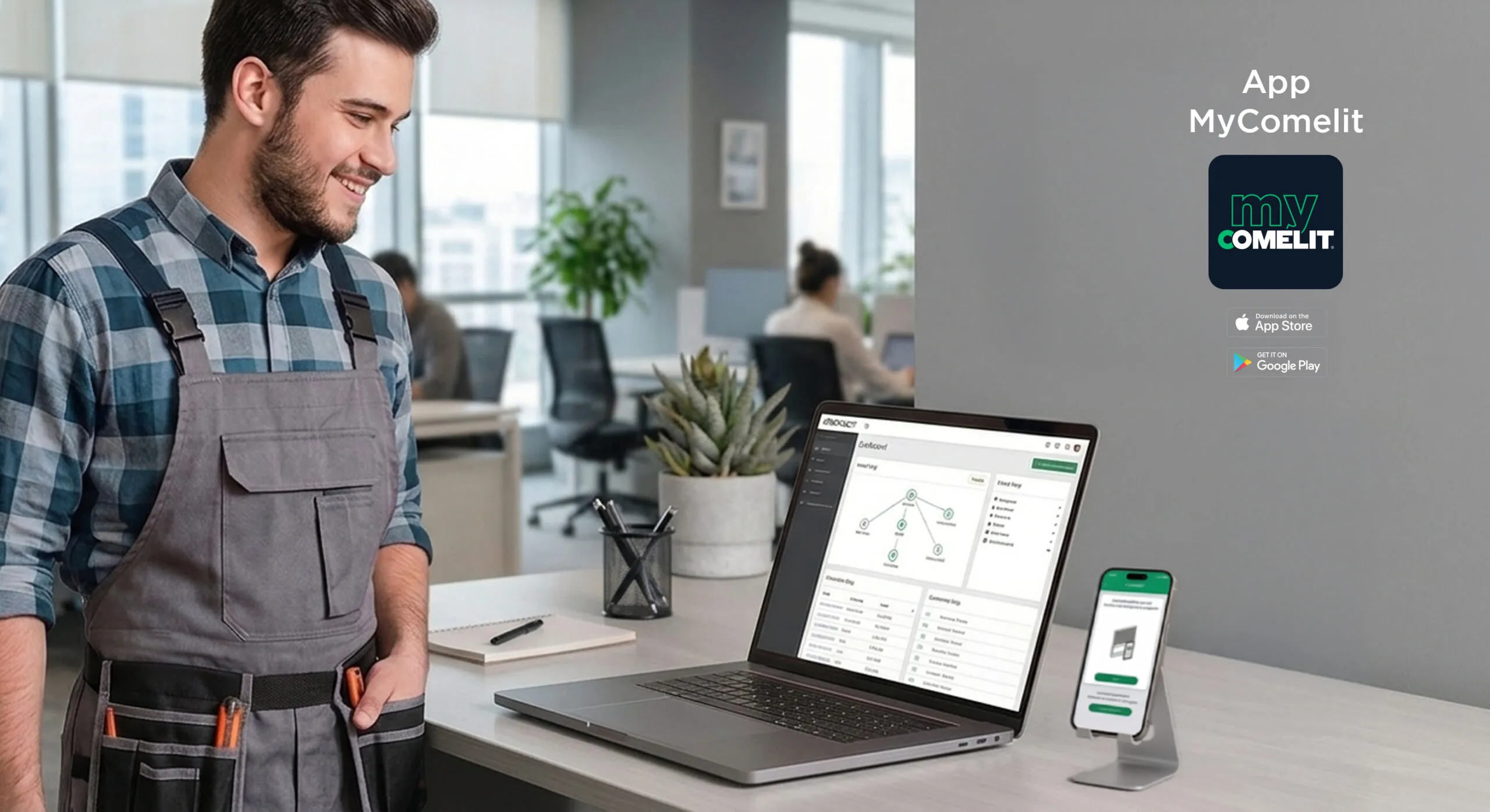 Tecnico Comelit mostra la schermata di configurazione dei dispositivi sull'app MyComelit da smartphone