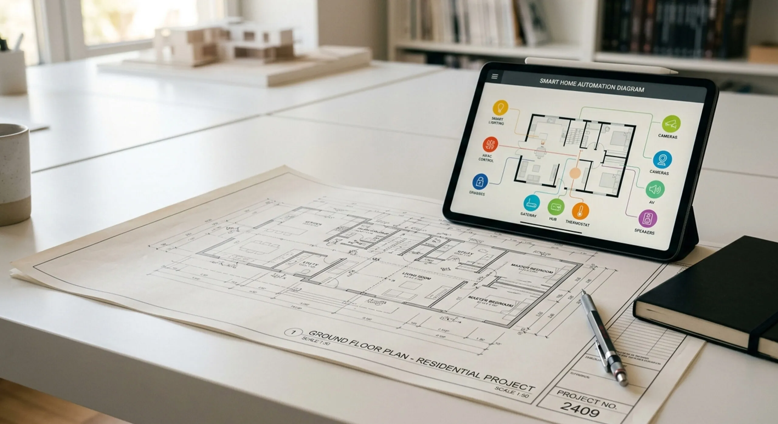 Progetto di impianto KNX per casa con schema domotico residenziale su tablet