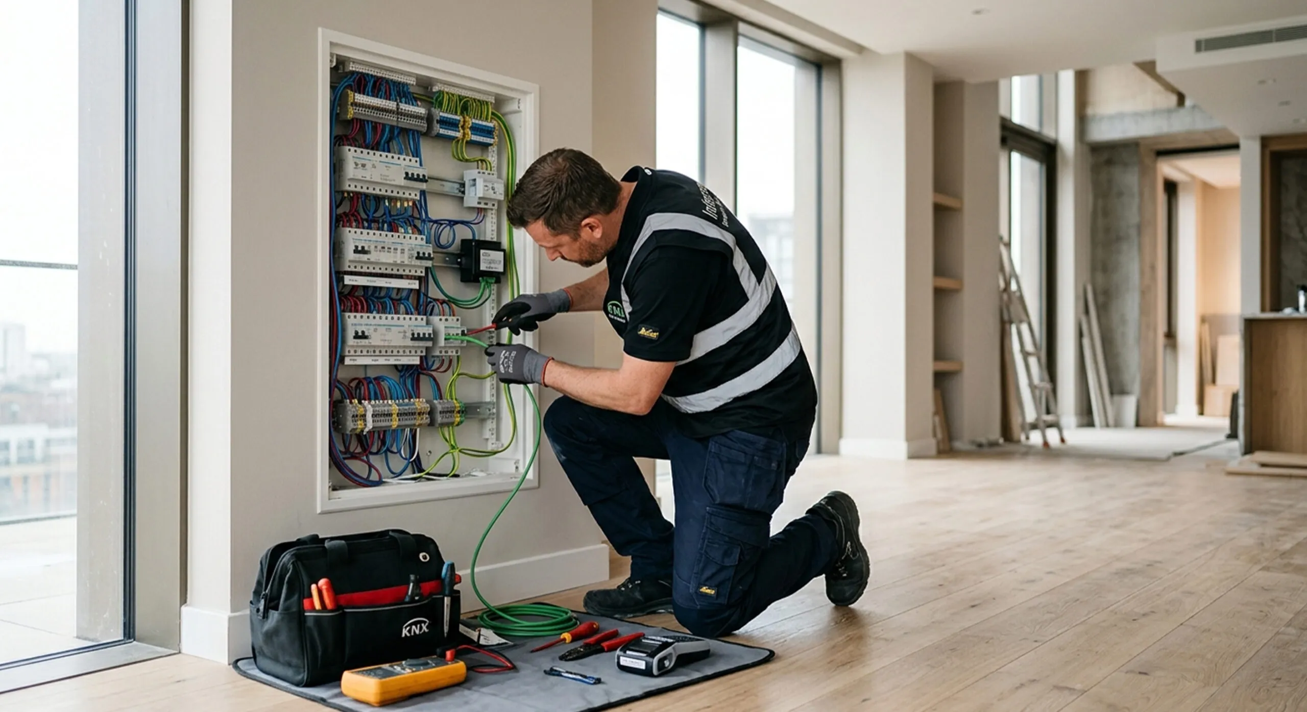 Installatore al lavoro su quadro elettrico per impianto KNX residenziale