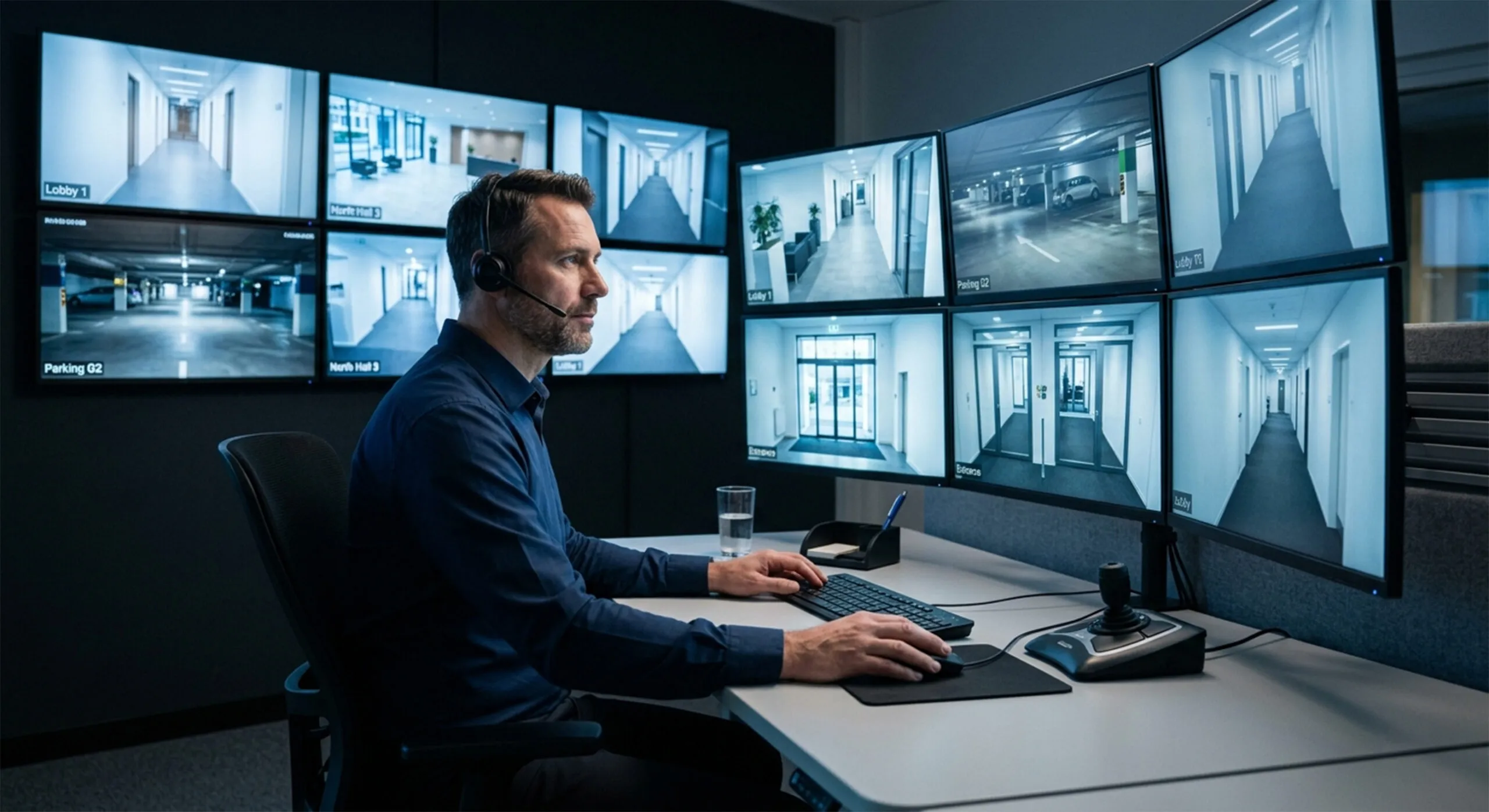 Operatore controlla immagini video di un impianto TVCC professionale su più monitor