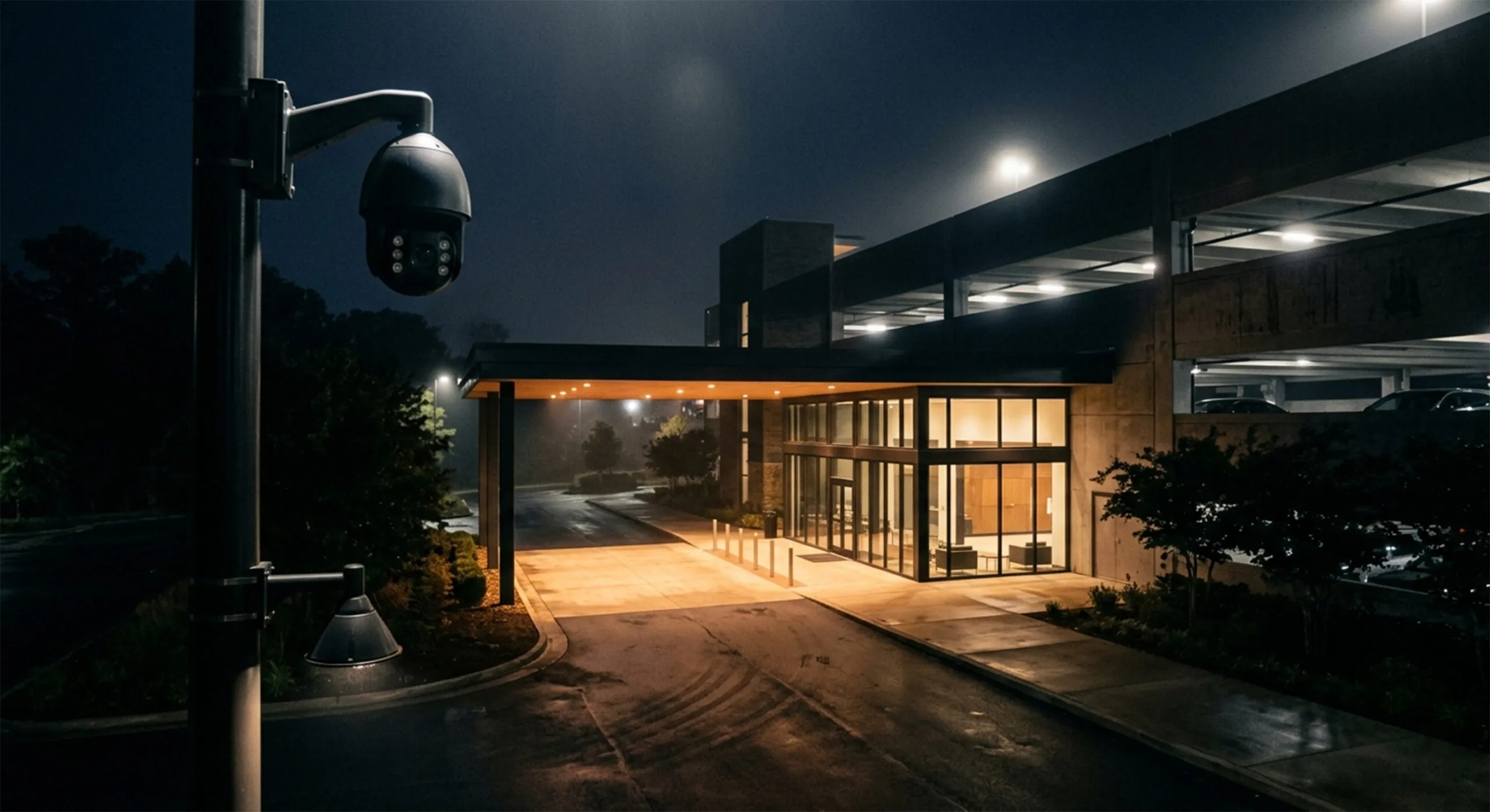 Telecamera di sicurezza AI-ISP installata all’esterno di un edificio in condizioni low-light