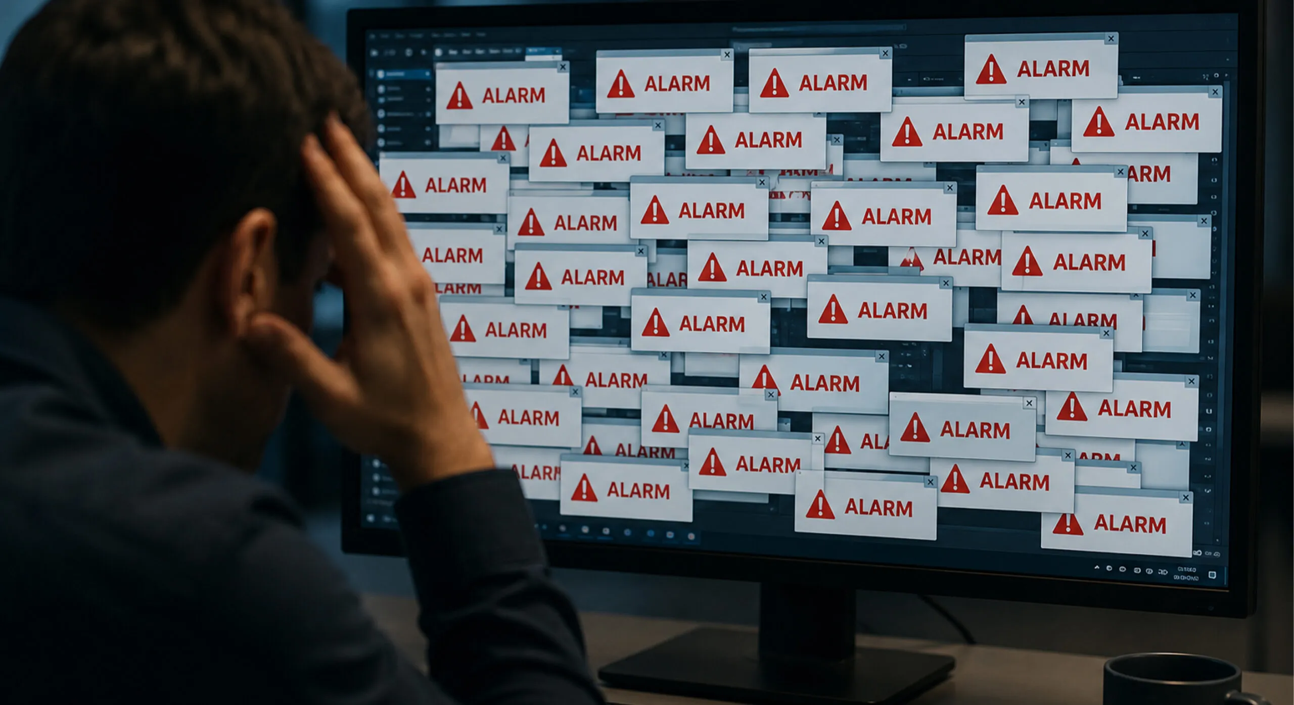 Uomo davanti a uno schermo pieno di falsi allarmi generati da un sistema di videosorveglianza tradizionale