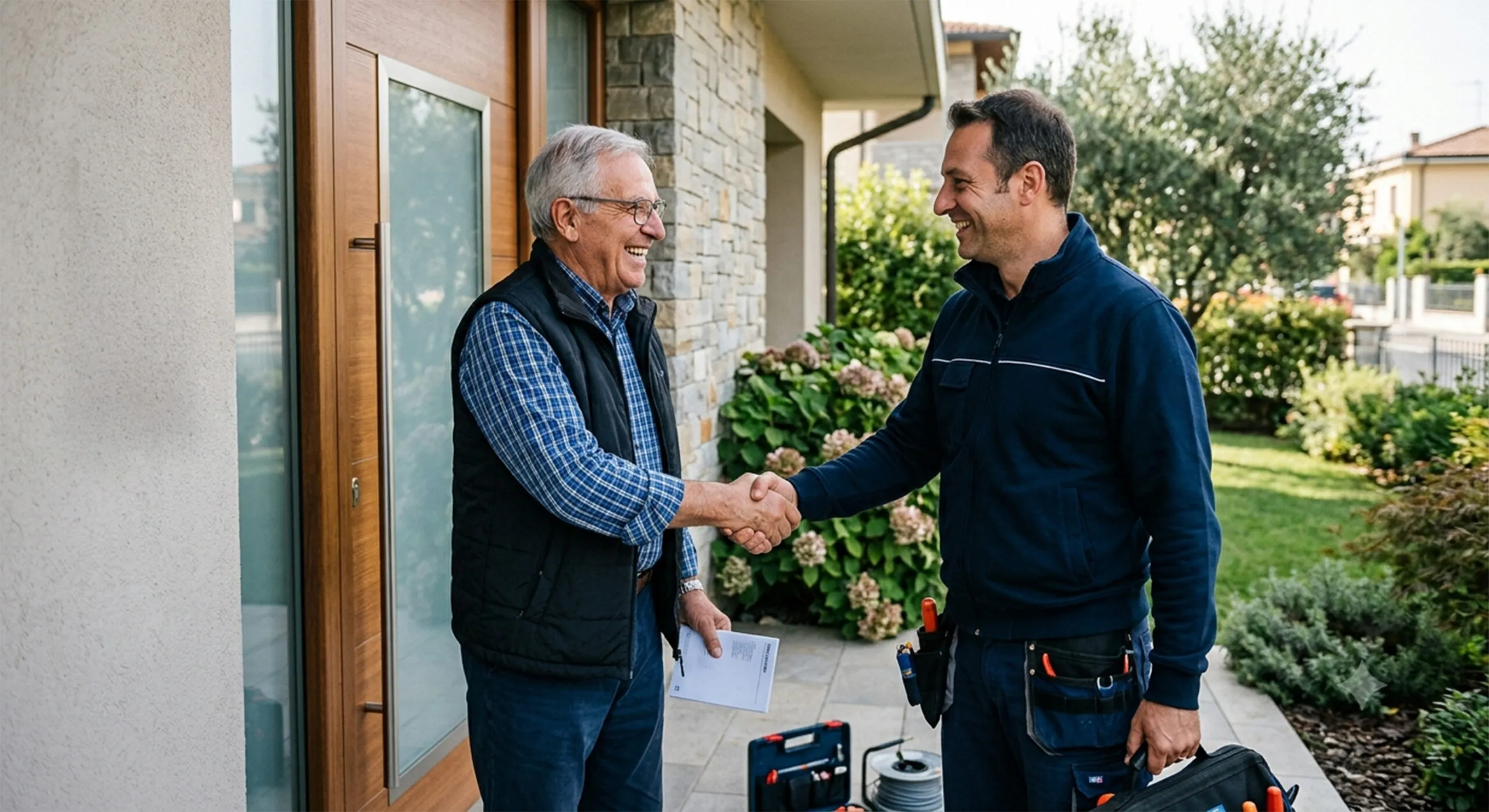Installatore Comelit stringe la mano al cliente dopo aver proposto un impianto di sicurezza integrato