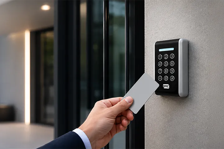 Lettore badge RFID per il controllo accessi all’ingresso di un edificio moderno