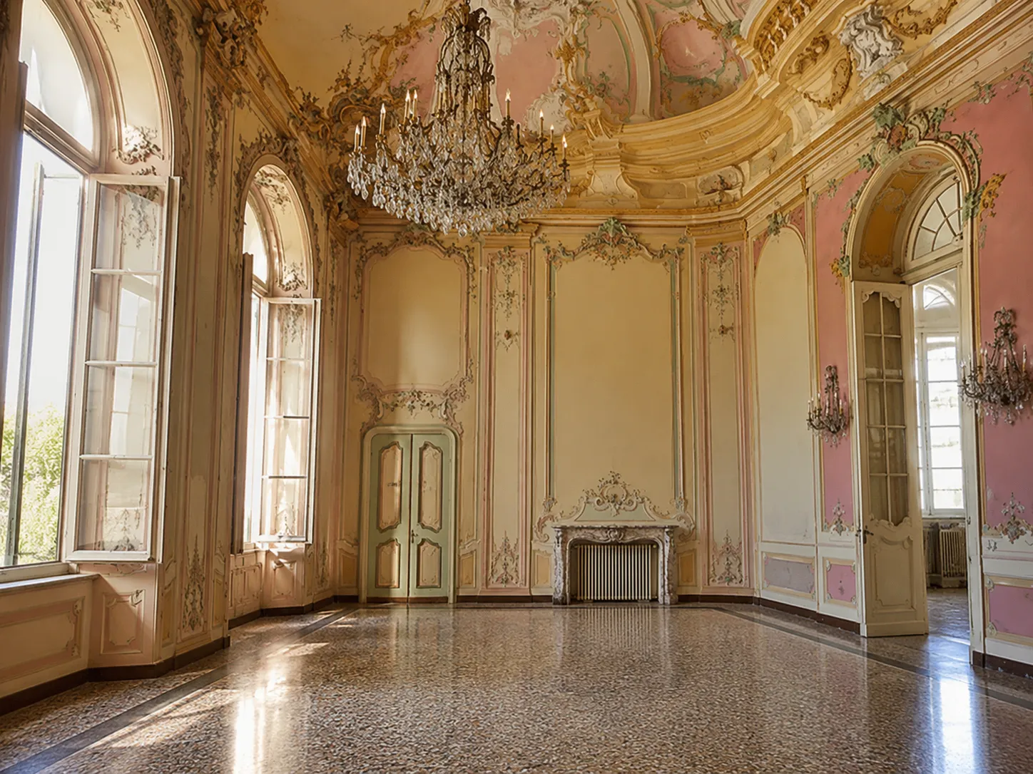 Salone affrescato di Villa Bombrini con lampadario in cristallo e decori rococò