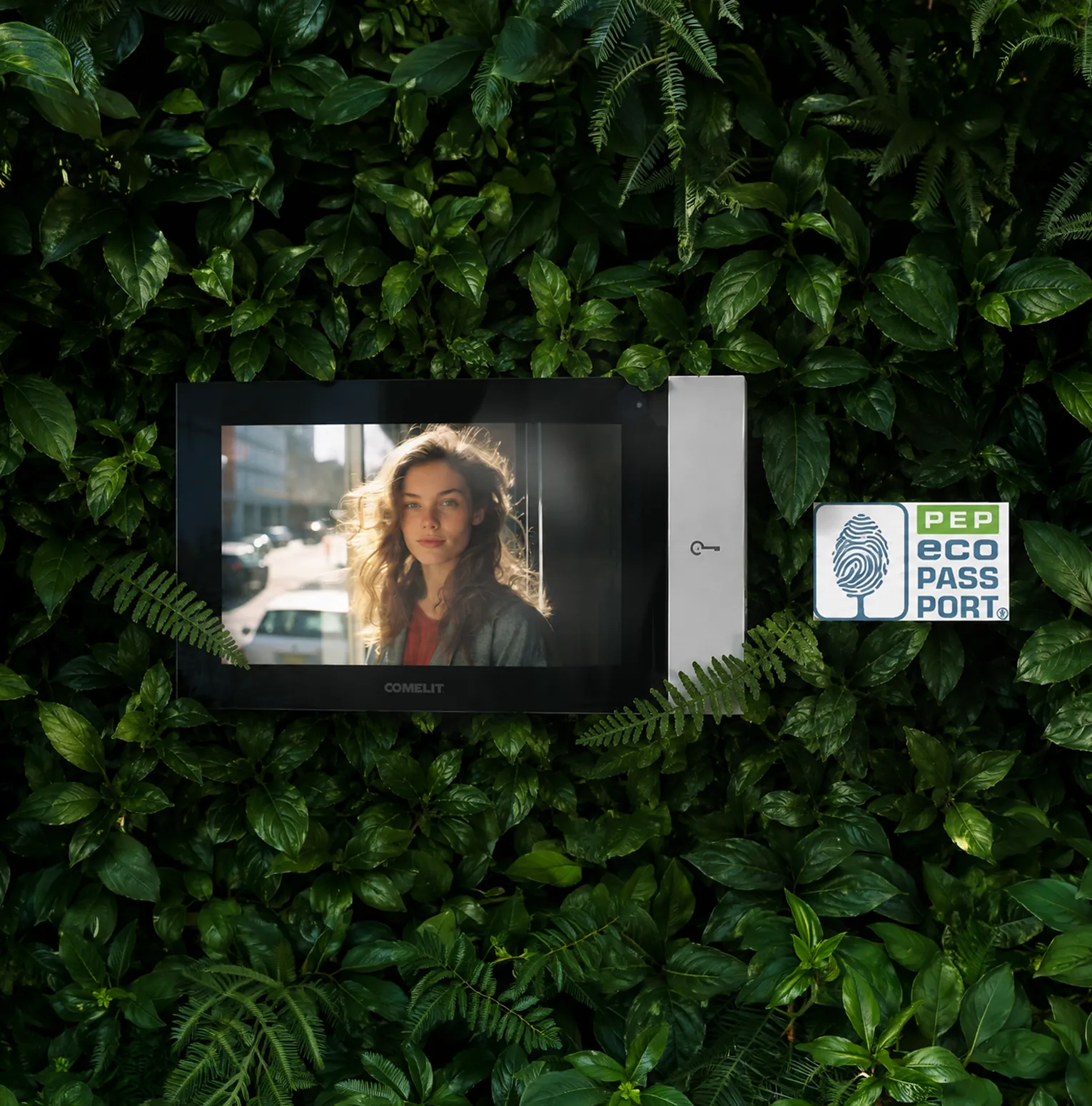 Monitor videocitofono Comelit 7TOP con logo certificazione PEP ecopassport su parete verde
