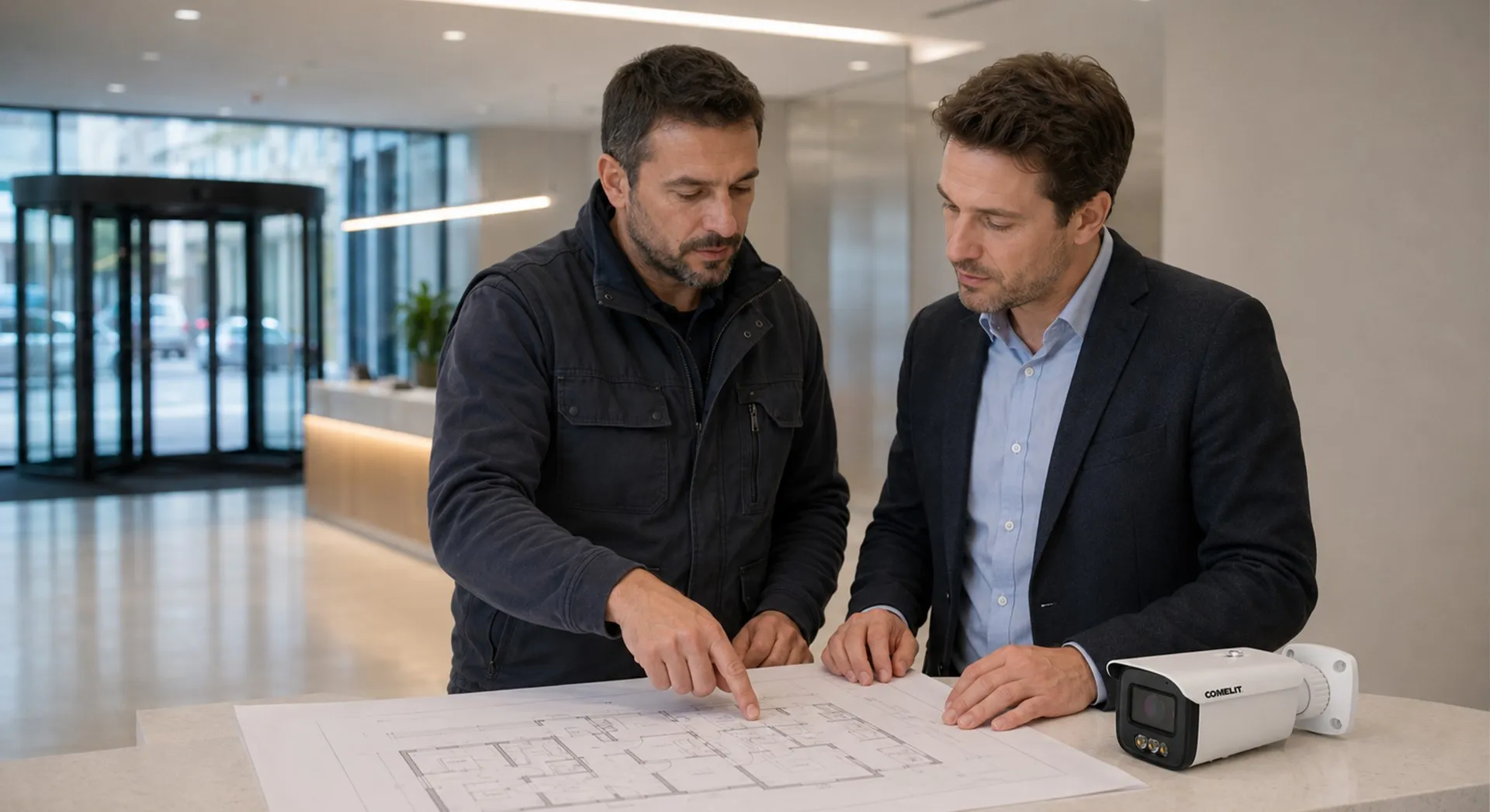 Installatore e cliente analizzano insieme la planimetria per il progetto di videosorveglianza aziendale